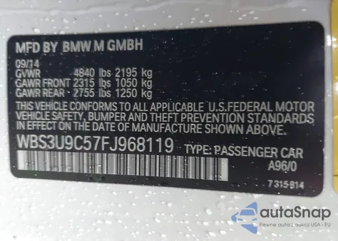 2015 BMW M4 z USA, uszkodzony, nr VIN WBS3U9C57FJ968119